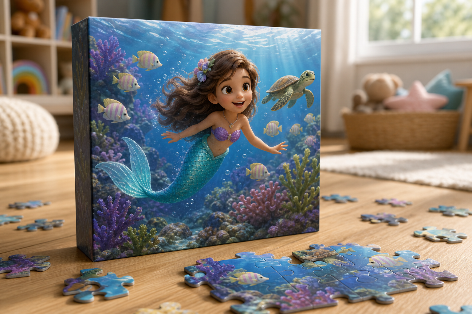 Caja del Puzzle La Sirena del Océano con las piezas en el suelo