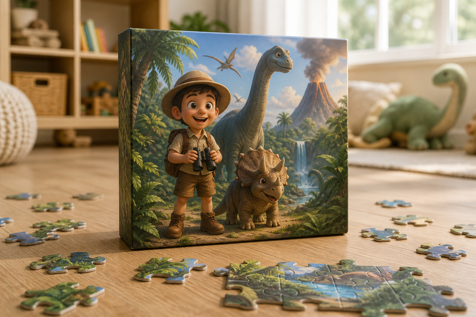 Caja del Puzzle Dinosaurios con las piezas en el suelo