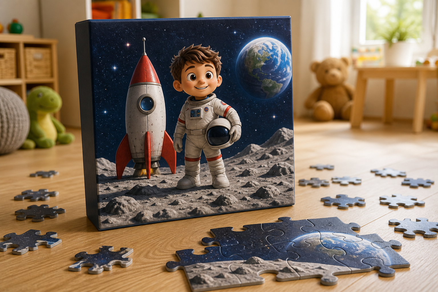 Caja del Puzzle Misión a la Luna con las piezas en el suelo
