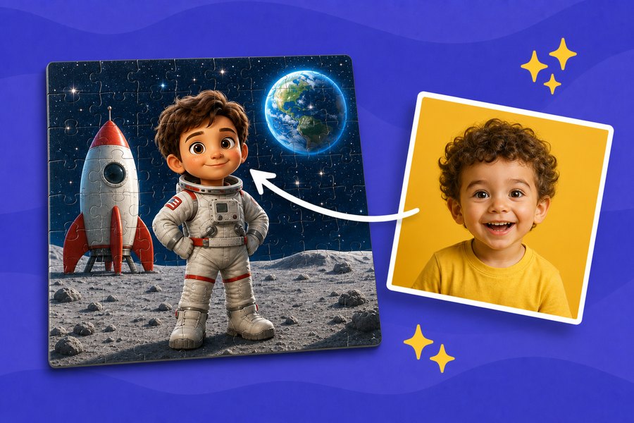 Puzzle Misión a la Luna personalizado con la foto de tu peque