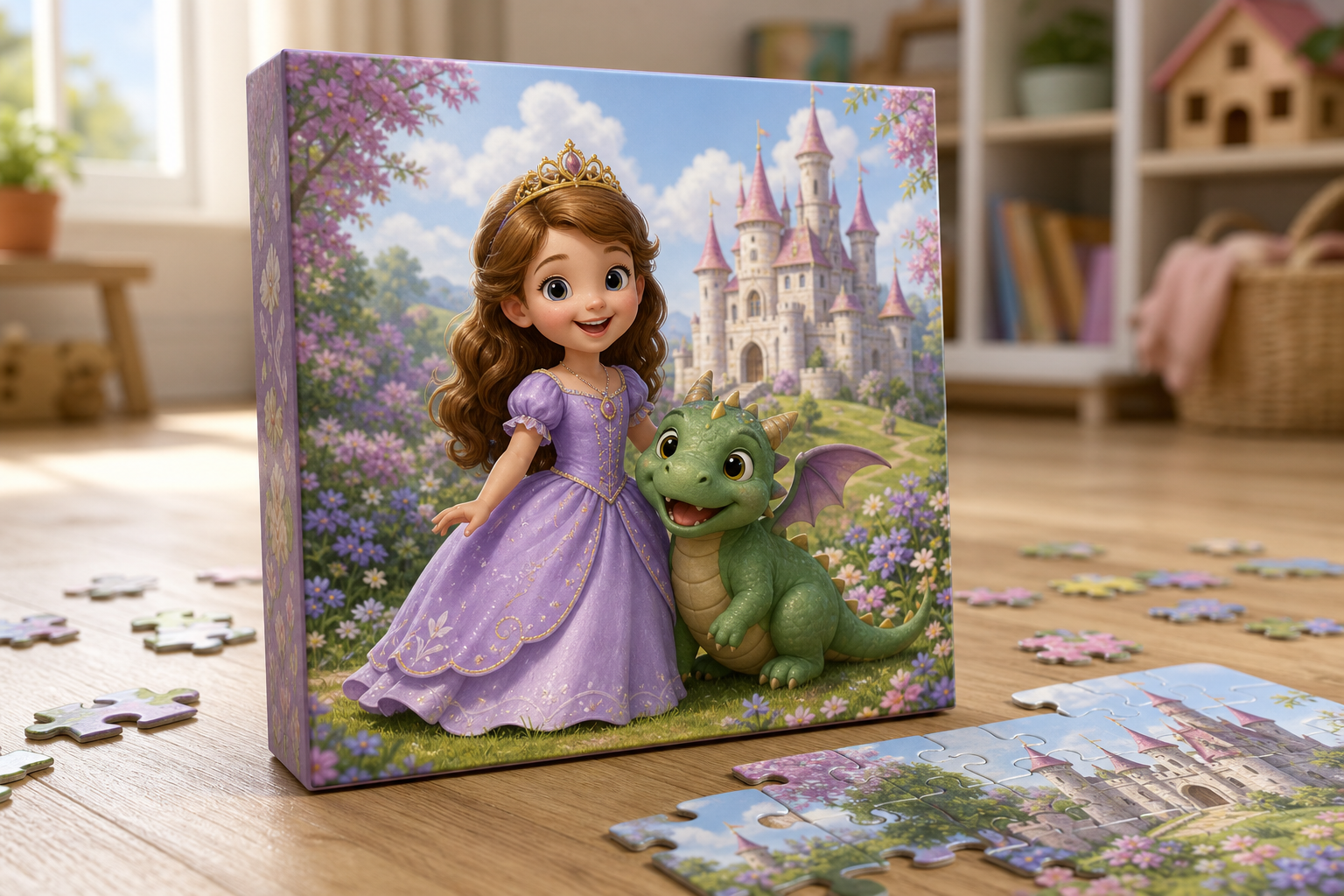 Caja del Puzzle La Princesa Valiente con las piezas en el suelo
