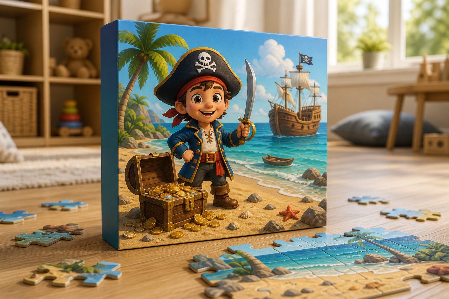 Caja del Puzzle En busca del tesoro con las piezas en el suelo