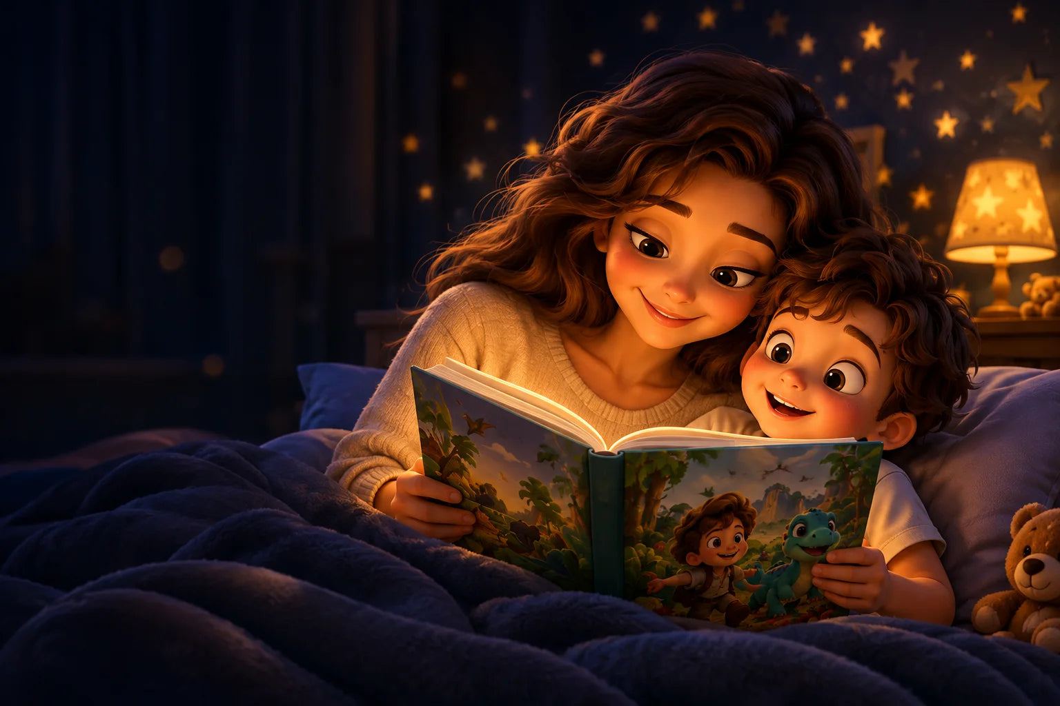 Madre e hijo leyendo juntos un cuento antes de dormir