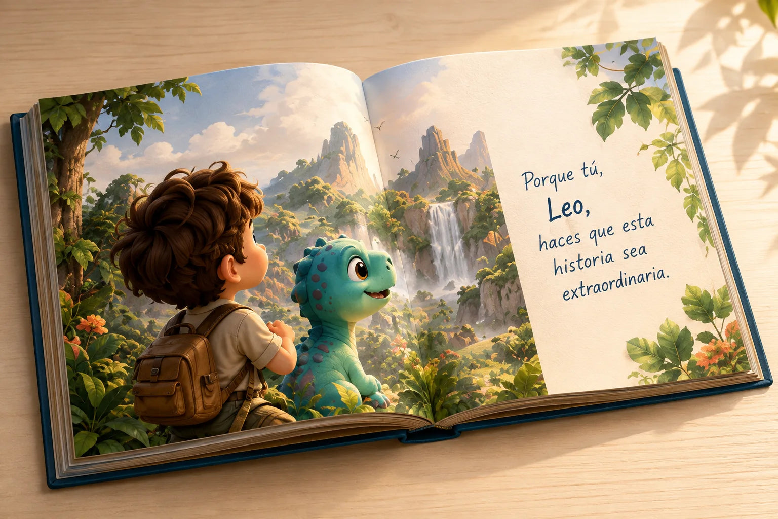 Libro personalizado abierto con Leo como protagonista