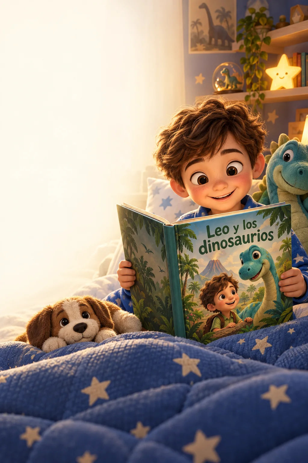 Leo lee su libro personalizado de dinosaurios en su habitación, con su propio personaje en la portada