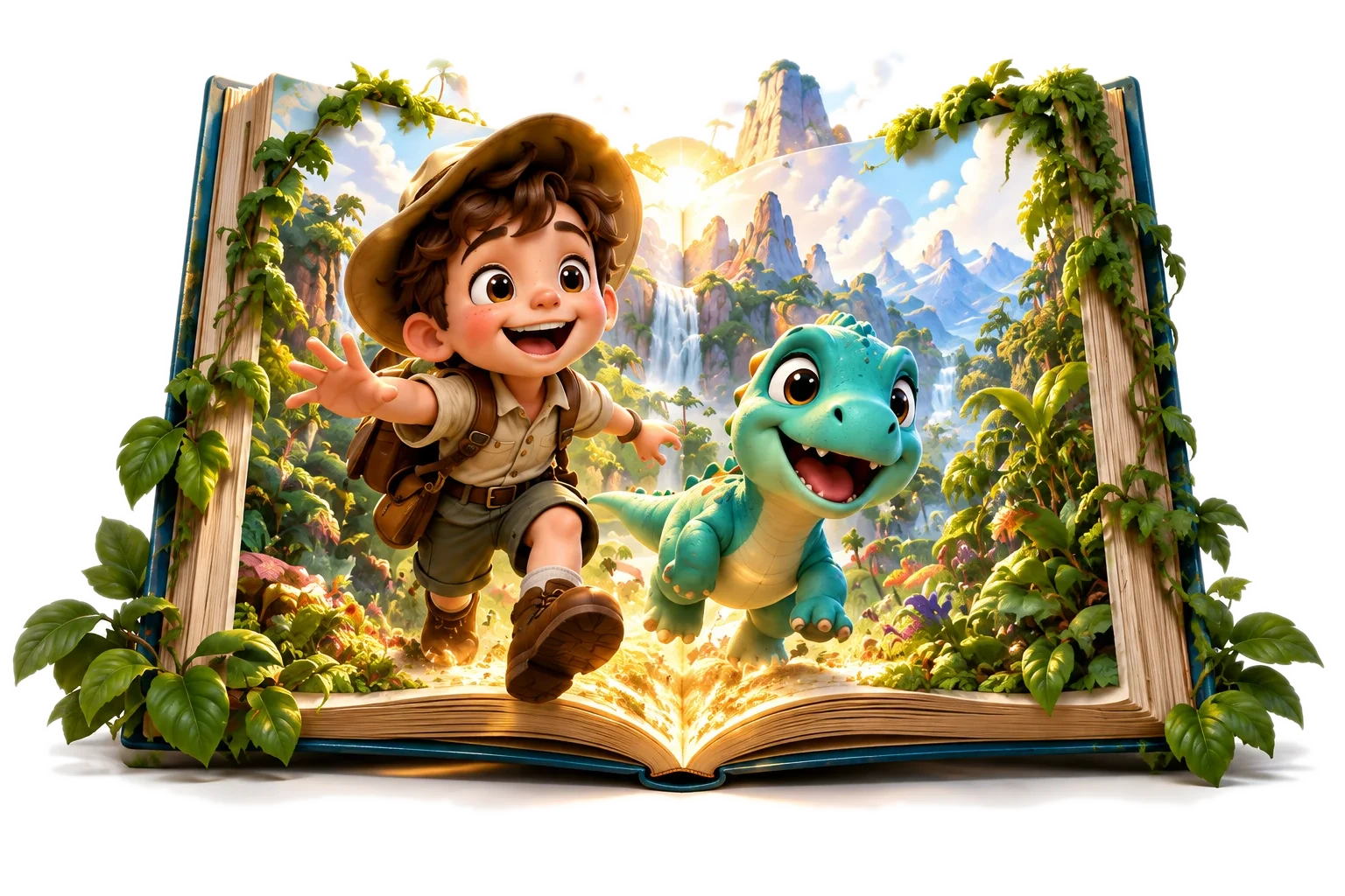 Un pequeño explorador y un dinosaurio salen de un libro mágico